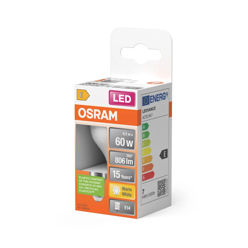 OSRAM LED PCR LAMP WITH CLASSIC P in P-Form, LED-Lampe, Matt, 6,5 W, (ex 60 W), 806 lm, Warmweiß, 2700 K, 15000 h, CRI 80