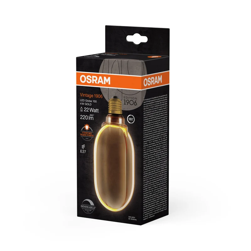 OSRAM VINTAGE 1906® LED Lampe LED CLASSIC GLOBE100 O - Form FILAMENT 4W 818 Gold E27, 220 lm, 1800 K, Comfort warm white