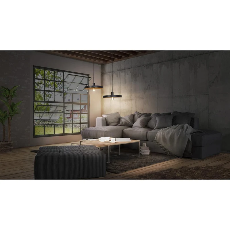 LEDVANCE Decor Plate dekorative Hängelampe mit tellerförmigem Lampenschirm, 400mm, mit E27 Fassung, IP20, Metall, schwarz/Holzoptik