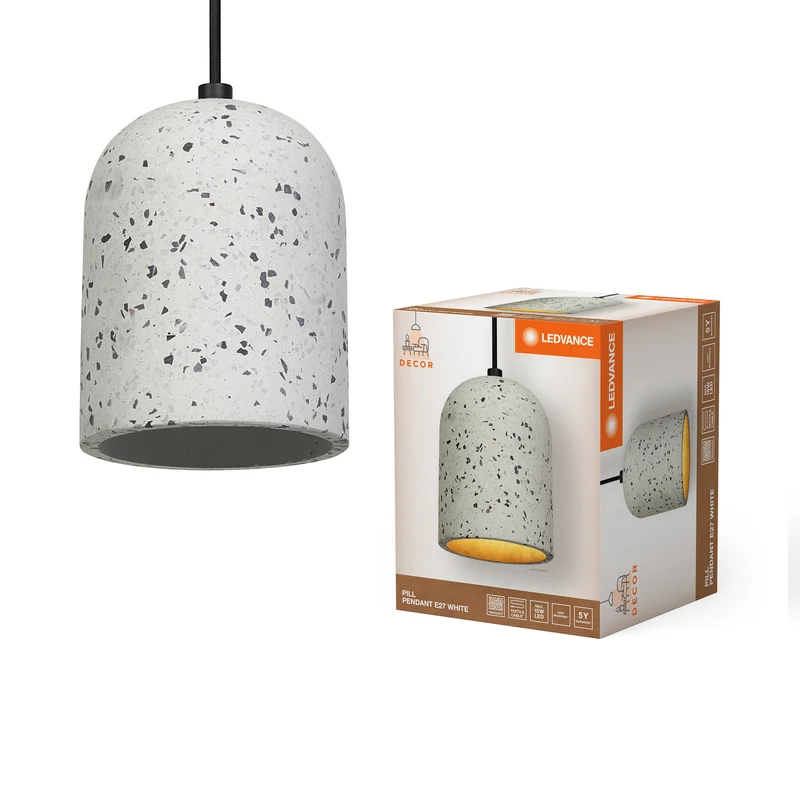 LEDVANCE Decor Pill dekorative Pendelleuchte mit pillenförmigem Lampenschirm, 150mm, mit E27 Fassung, aus weißem Terrazzo, IP20