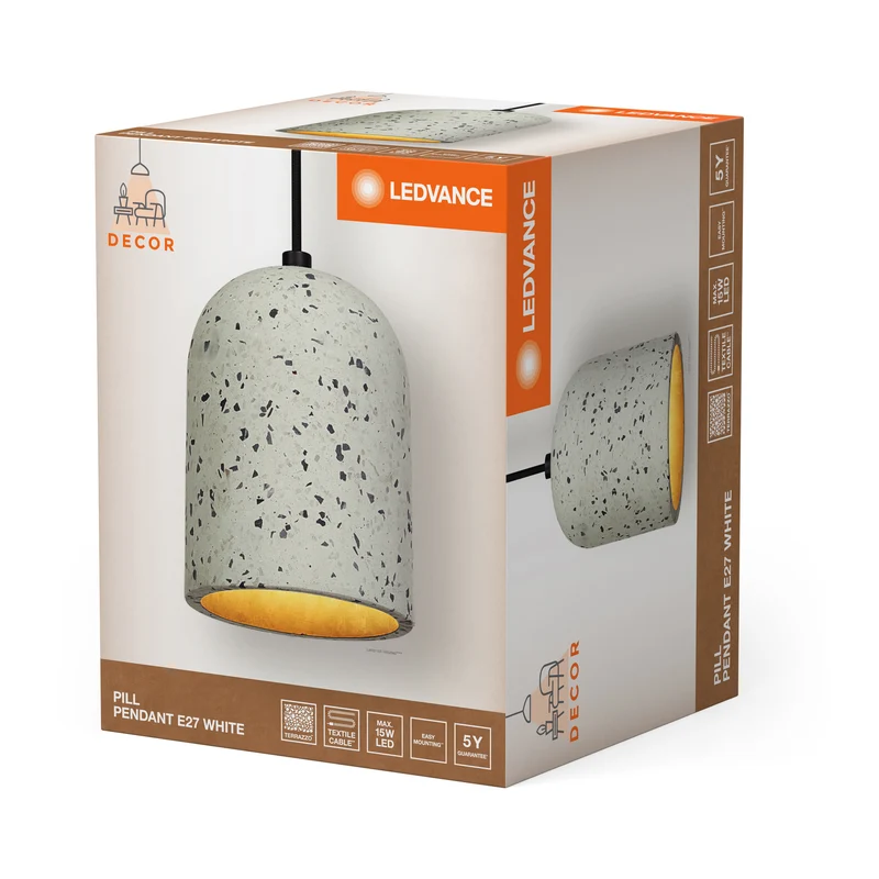 LEDVANCE Decor Pill dekorative Pendelleuchte mit pillenförmigem Lampenschirm, 150mm, mit E27 Fassung, aus weißem Terrazzo, IP20