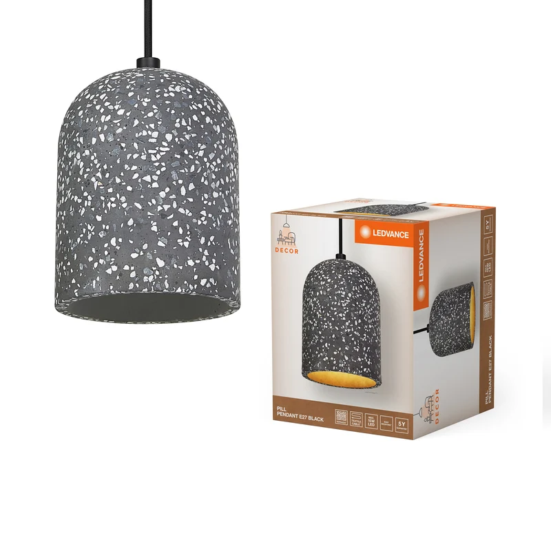 LEDVANCE Decor Pill dekorative Pendelleuchte mit pillenförmigem Lampenschirm, 150mm, mit E27 Fassung, aus schwarzem Terrazzo, IP20