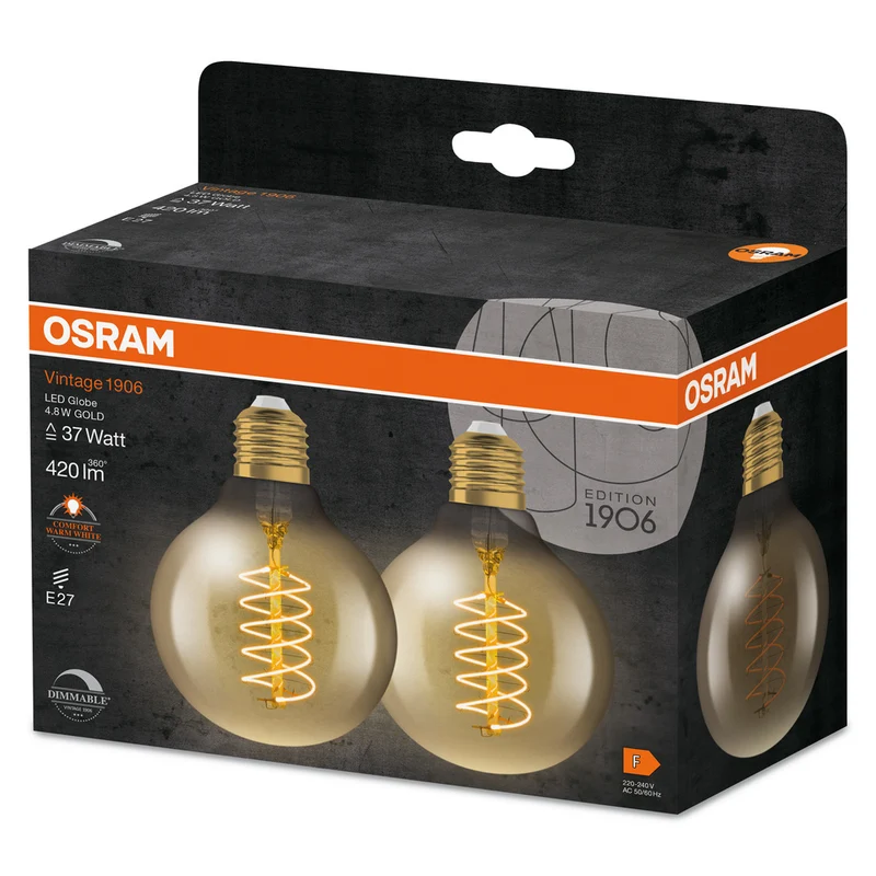OSRAM VINTAGE 1906® LED Lampe LED CLASSIC SLIM FILAMENT Globe DIMMABLE 4.8W 822 Gold E27, 420 lm, 2200 K, Comfort warm white, 2er Pack
