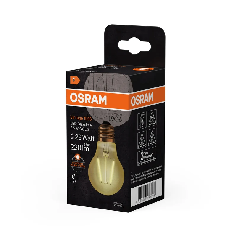 OSRAM VINTAGE 1906® LED Lampe LED CLASSIC A 2.5W 824 Gold E27, 220 lm, 2400 K, Warm Comfort Light