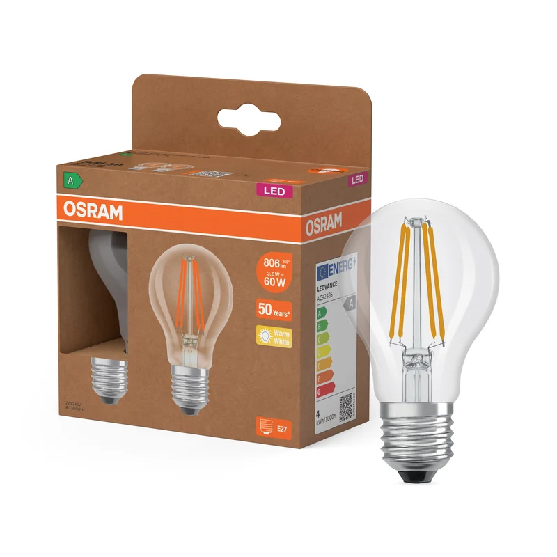 OSRAM LED LAMPS ENERGY CLASS A ENERGY EFFICIENCY FILAMENT CLASSIC A in A-Form, LED-Lampe, Bleifreies Glas, Klar, 3,8 W, 806 lm, Warmweiß, Energieeffizienzklasse: A, 2er