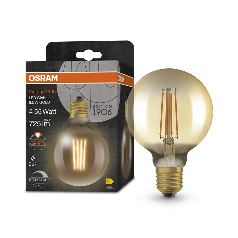 OSRAM Vintage 1906 Globe 95 55 LED Lampe Filament DIM 6.5W 824 Gold E27