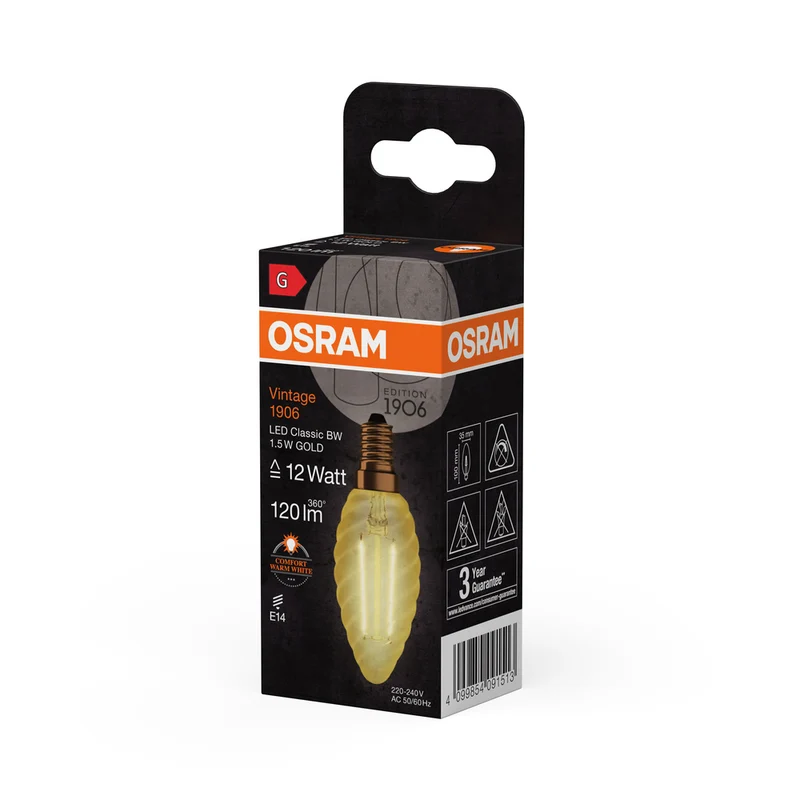 OSRAM VINTAGE 1906® LED Lampe LED CLASSIC B 1.5W 824 Gold E14 BW-Form, 120 lm, 2400 K, Warm Comfort Light