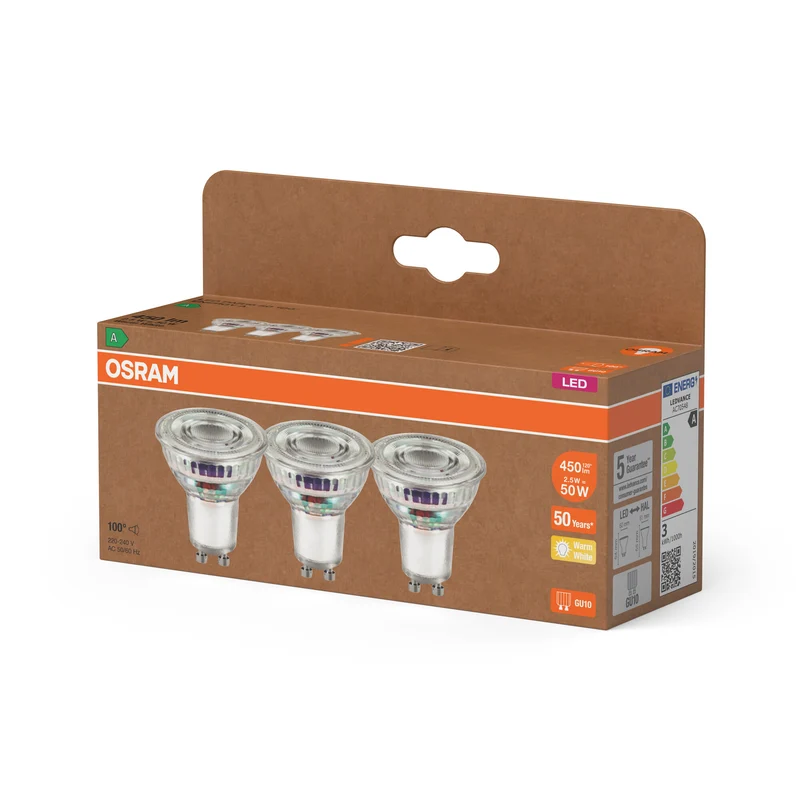 OSRAM LED LAMPS ENERGY EFFICIENCY REFLECTOR , LED-Spot, Bleifreies Glas, 2,5 W, (ex 50 W), 450 lm, Warmweiß, 2700 K, Energieeffizienzklasse: A, CRI 80, 3er