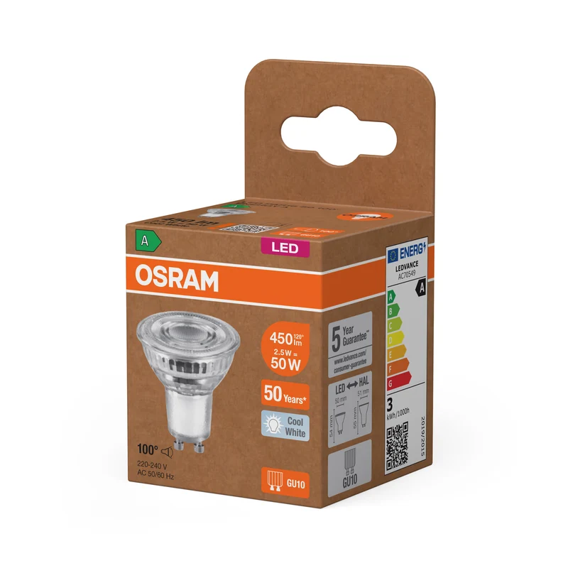 OSRAM LED LAMPS ENERGY EFFICIENCY REFLECTOR in PAR16-Form, LED-Spot, Bleifreies Glas, 2,5 W, (ex 50 W), 450 lm, Kaltweiß, 4000 K, Energieeffizienzklasse: A, CRI 80