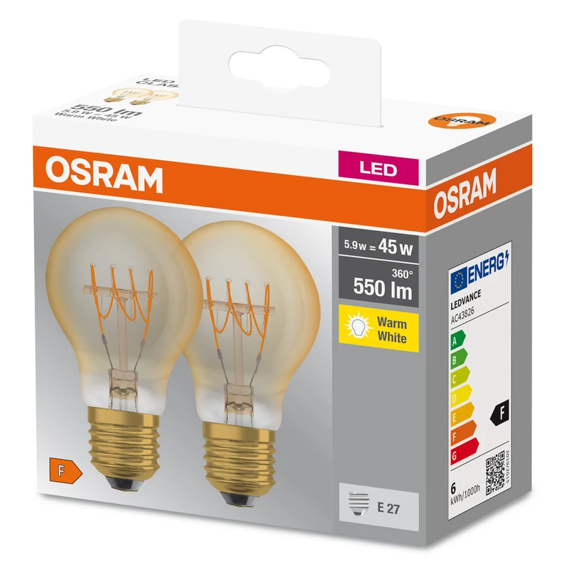 OSRAM LED Base Classic A 45 Filament Retro 5.9W 827 E27 2er , Warmweiß