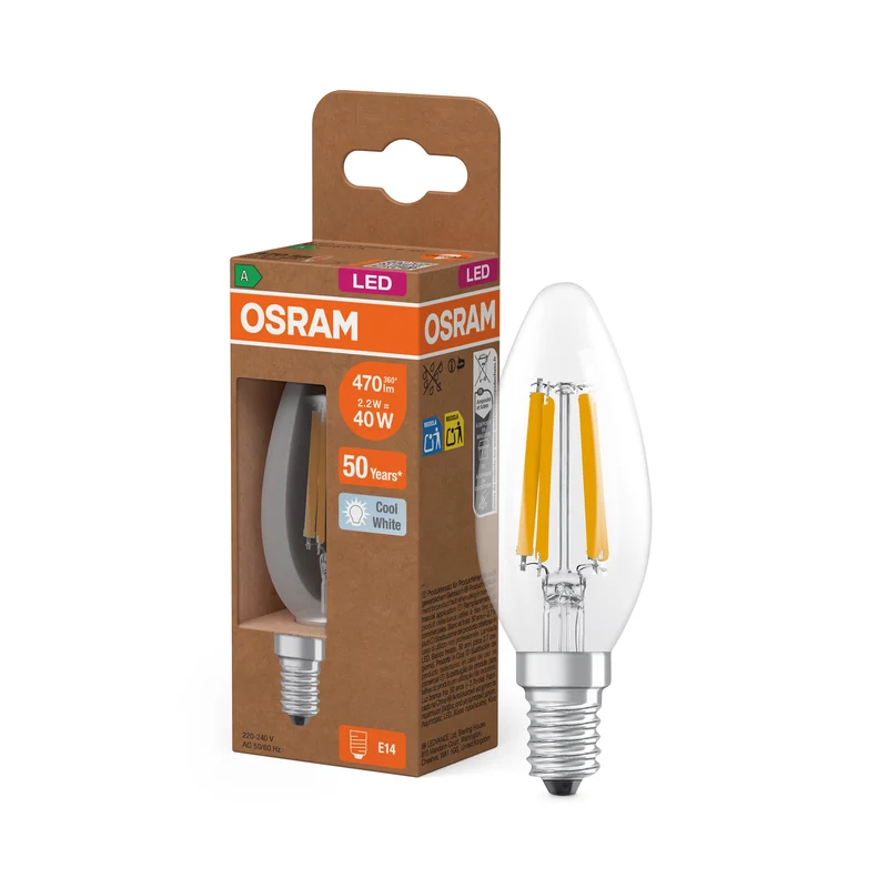 OSRAM LED CLASSIC B ENERGY EFFICIENCY A in B-Form, LED-Lampe, Bleifreies Glas, Klar, 2,2 W, (ex 40 W), 470 lm, Kaltweiß, 4000 K, Energieeffizienzklasse: A, CRI 80