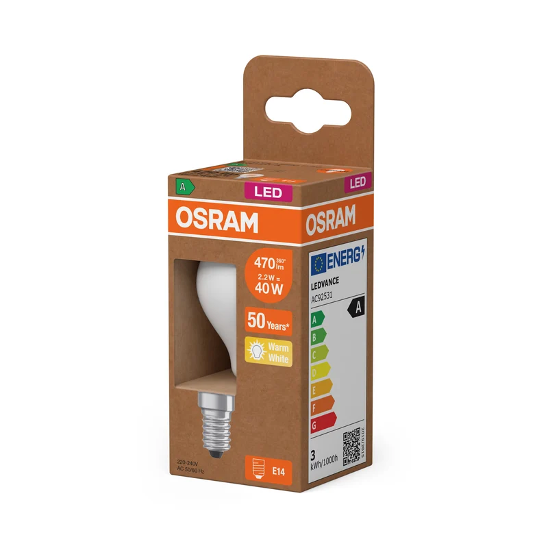 OSRAM LED CLASSIC P ENERGY EFFICIENCY A in P-Form, LED-Lampe, Bleifreies Glas, Matt, 2,2 W, (ex 40 W), 470 lm, Warmweiß, 2700 K, Energieeffizienzklasse: A, CRI 80