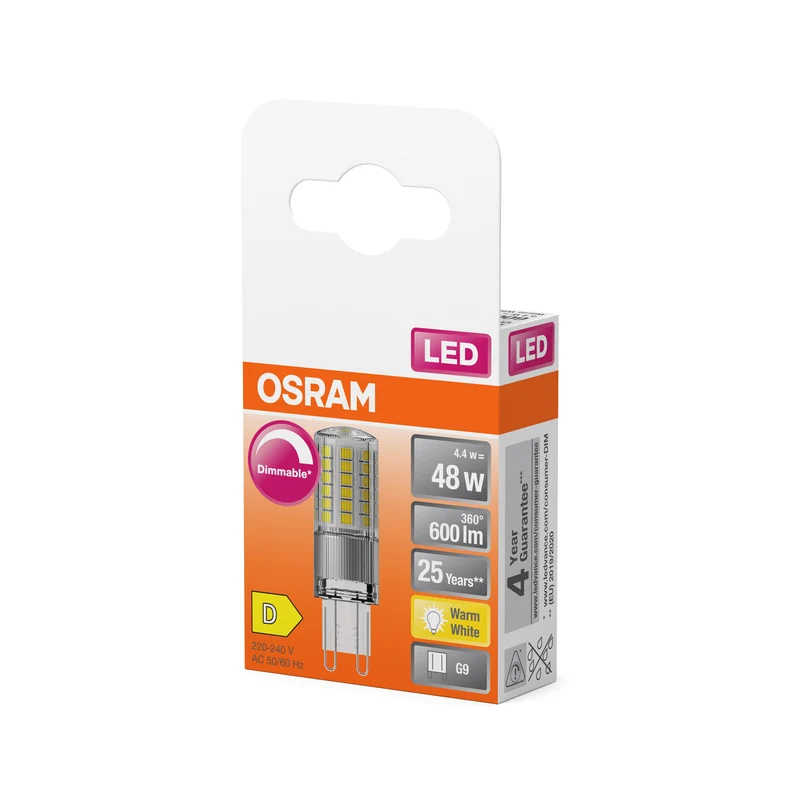 OSRAM LED- Stiftsockellampe PIN Klar, 4.4W, 600lm, G9, 18 mm , Warmweiß