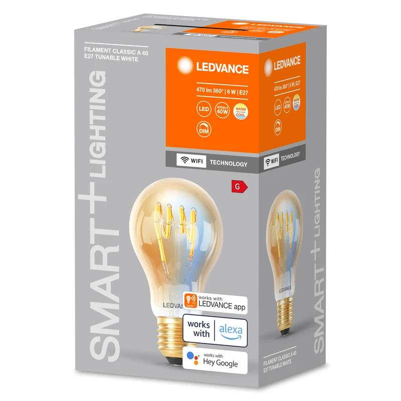 LEDVANCE SMART+ WiFi Filament Classic Tunable White in A-Form, LED-Lampe, Bleifreies Glas, Gold, 6 W, (ex 40 W), 470 lm, Lichtfarbe variabel, Wifi, Dimmbar
