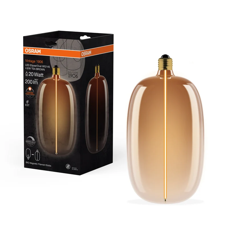 OSRAM Vintage 1906® LED BIG DECORATIVE BULB WITH FILAMENT-MAGNETIC STYLE LED-Lampe Tea Brown, dimmbar, 4.8W, ELIPSE OVAL , Comfort warm white