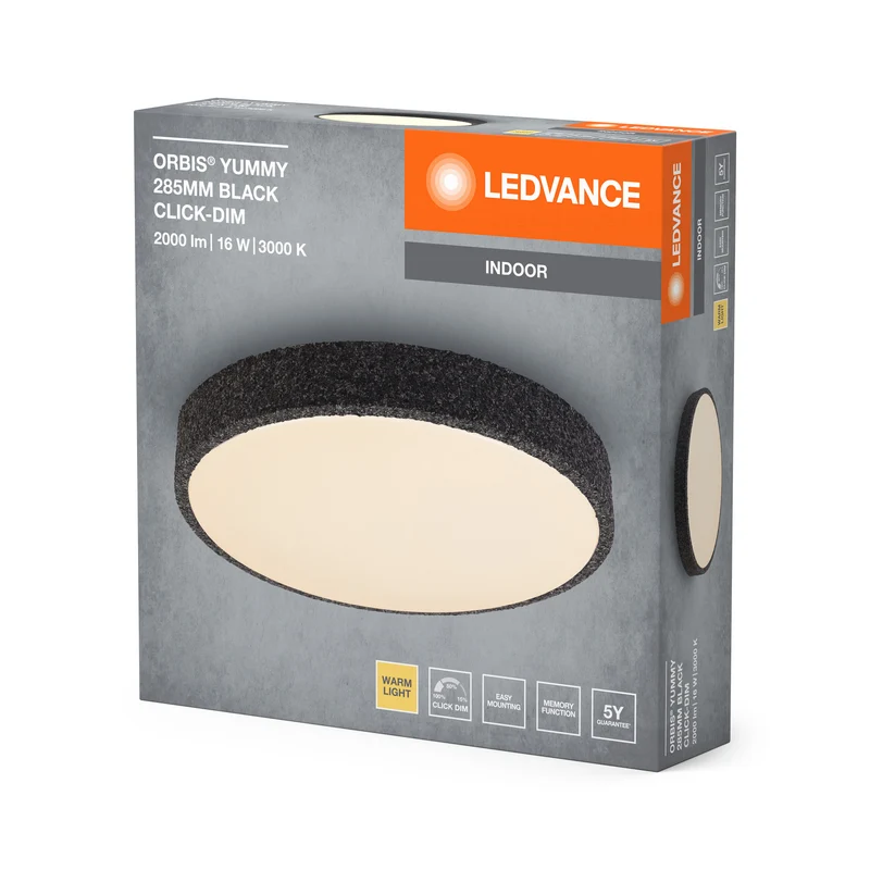 LEDVANCE ORBIS Yummy LED-Deckenleuchte mit Metallring, schwarz, 16W, 1000lm, 3000K, 285mm, 830 freundliches Warmweiß, durch Klicken dimmbar, IP20 Schutz, Montageschrauben und Dübel inklusive