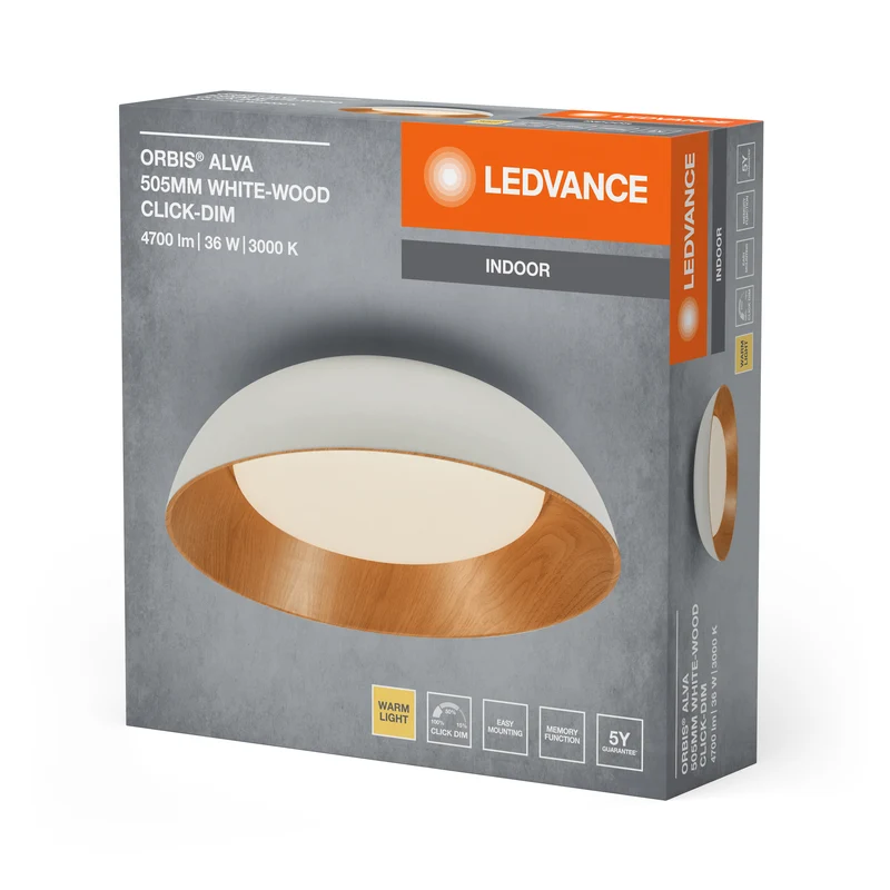 LEDVANCE ORBIS Alva LED-Deckenleuchte, weiß mit Holzdekor, 36W, 1600lm, 3000K, 830 freundliches Warmweiß, durch Klicken in 3-Stufen dimmbar, IP20 Schutz, Montageschrauben und Dübel inklusive