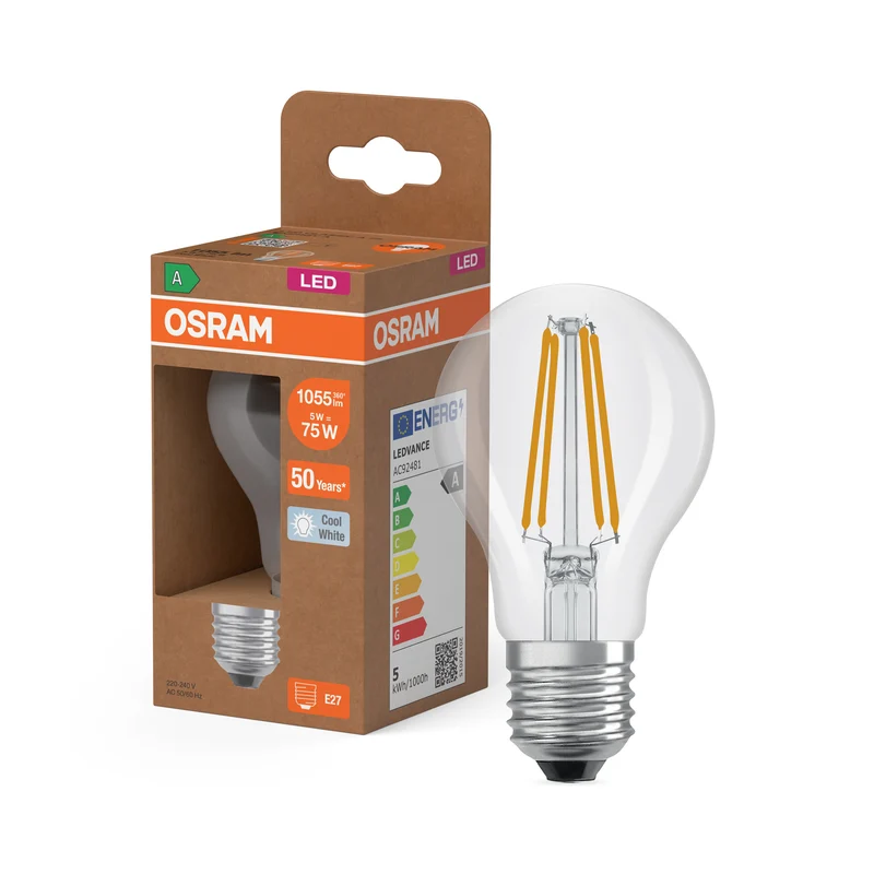 OSRAM LED LAMPS ENERGY CLASS A ENERGY EFFICIENCY FILAMENT CLASSIC A in A-Form, LED-Lampe, Bleifreies Glas, Klar, 5 W, 1055 lm, Kaltweiß, Energieeffizienzklasse: A