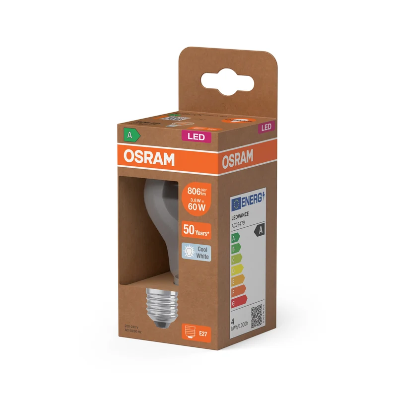 OSRAM LED LAMPS ENERGY CLASS A ENERGY EFFICIENCY FILAMENT CLASSIC A in A-Form, LED-Lampe, Bleifreies Glas, Klar, 3,8 W, 806 lm, Kaltweiß, Energieeffizienzklasse: A
