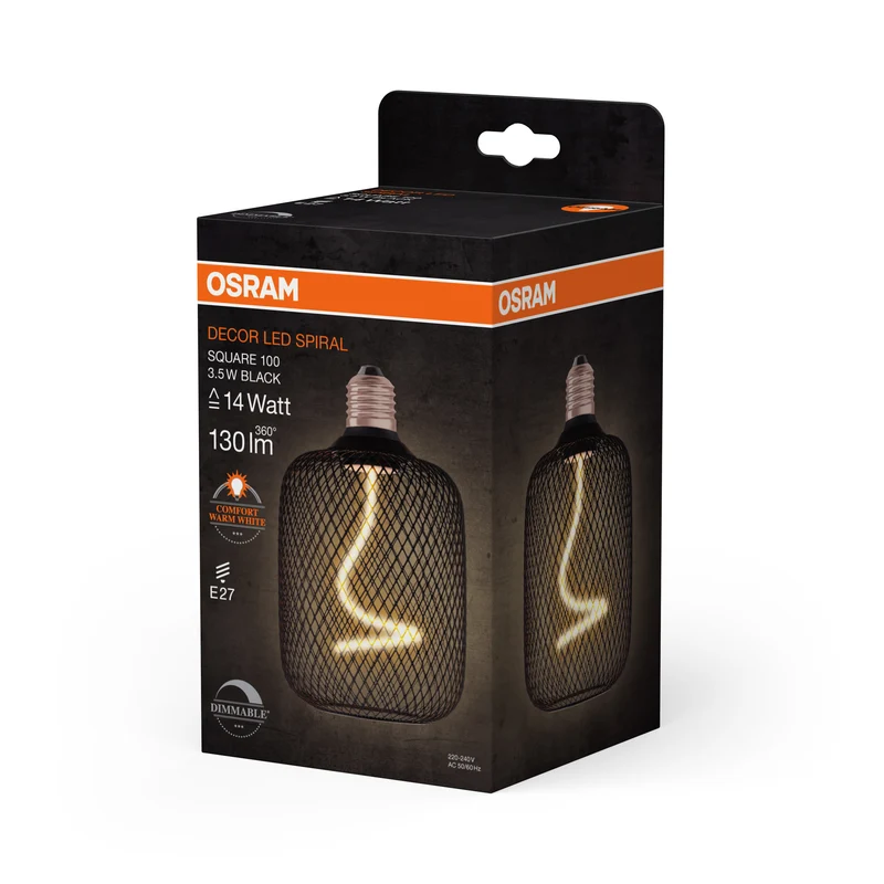 OSRAM DECOR LED Spiralfilament Lampe Quadrat, Schwarz, 3.5W, 130lm , Comfort warm white , E27