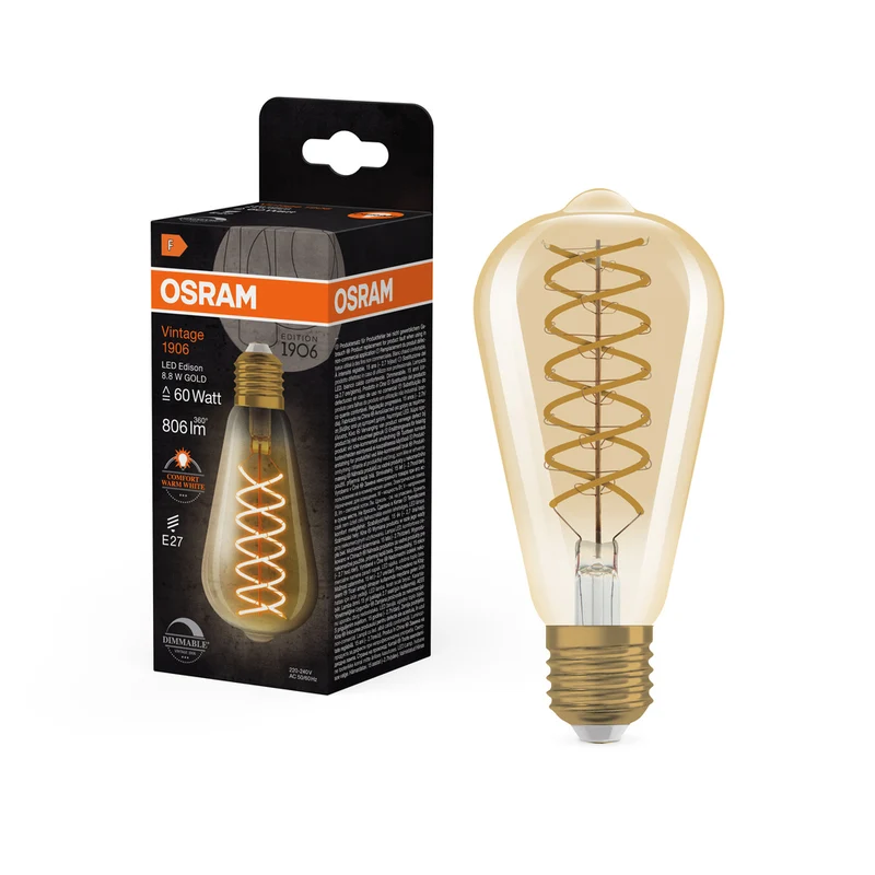 OSRAM VINTAGE 1906® LED Lampe LED CLASSIC EDISON DIM 8.8W 824 Gold E27, 806 lm, 2400 K, Comfort warm white