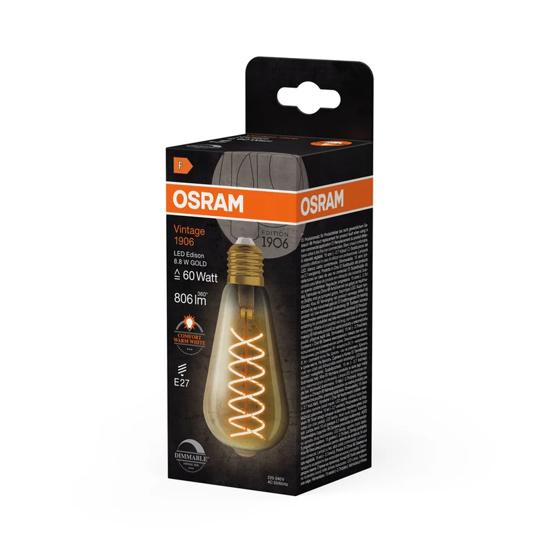 OSRAM VINTAGE 1906® LED Lampe LED CLASSIC EDISON DIM 8.8W 824 Gold E27, 806 lm, 2400 K, Comfort warm white