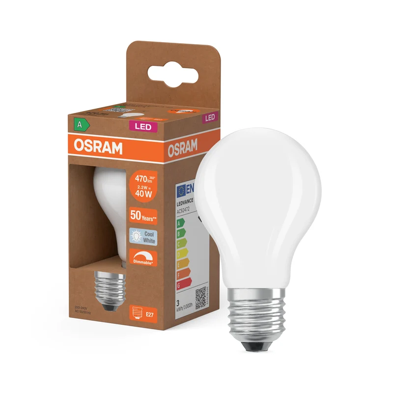 OSRAM LED CLASSIC A ENERGY EFFICIENCY A DIM in A-Form, LED-Lampe, Bleifreies Glas, Klar, 2,2 W, (ex 40 W), 470 lm, Kaltweiß, 4000 K, Dimmbar, Energieeffizienzklasse: A