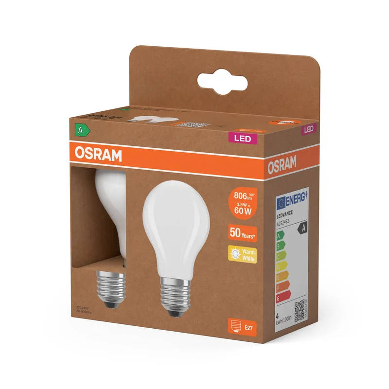 OSRAM LED LAMPS ENERGY CLASS A ENERGY EFFICIENCY FILAMENT CLASSIC A in A-Form, LED-Lampe, Bleifreies Glas, Matt, 3,8 W, 806 lm, Warmweiß, Energieeffizienzklasse: A, 2er
