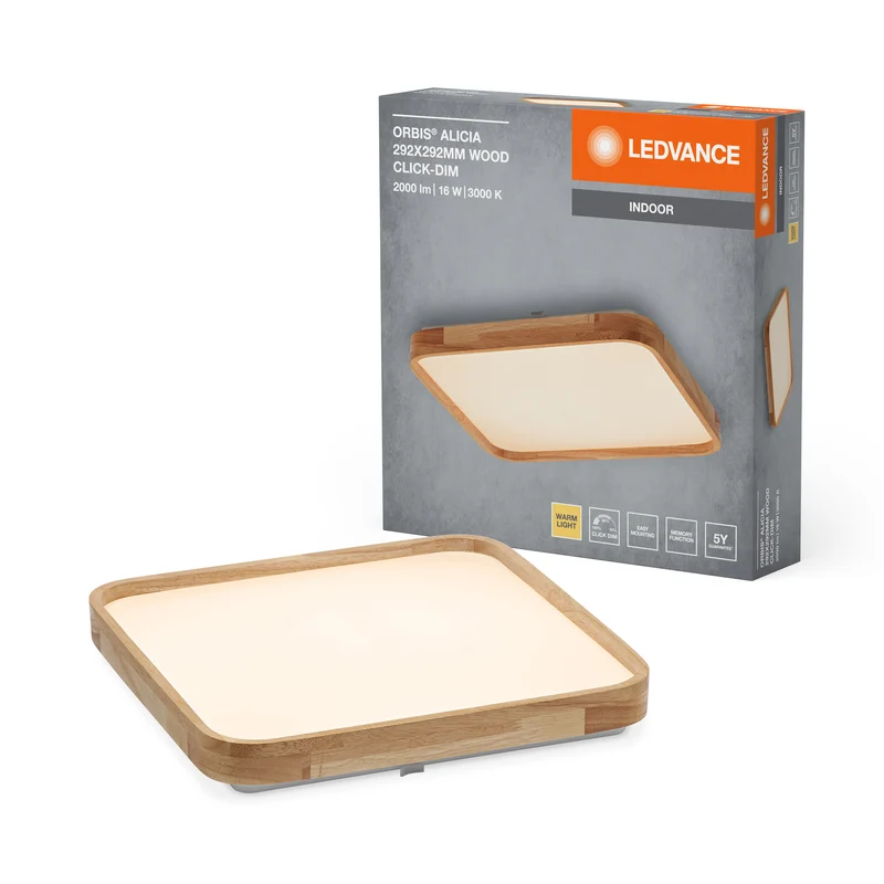 LEDVANCE ORBIS Alicia LED-Deckenleuchte mit Holzdekor, 16W, 1000lm, 3000K, 292x292mm, freundliches Warmweiß, durch Klicken dimmbar, IP20 Schutz, Montageschrauben und Dübel inklusive