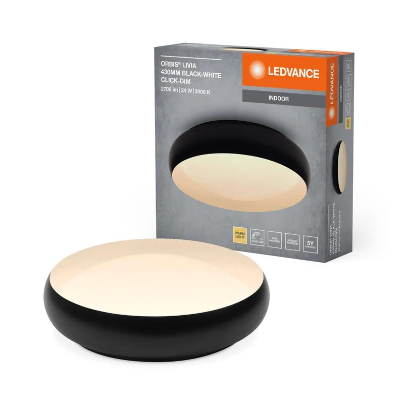 LEDVANCE ORBIS Livia LED-Deckenleuchte mit Metallring, schwarz-weiß, 24W, 1500lm, 3000K, 430mm, 830 freundliches Warmweiß, durch Klicken in 3-Stufen dimmbar, IP20, Montageschrauben und Dübel inklusive