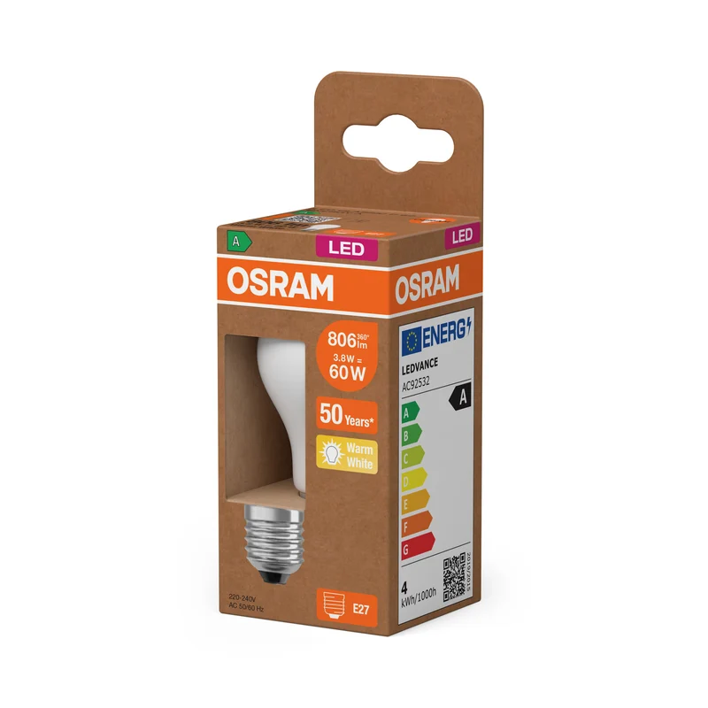 OSRAM LED CLASSIC P ENERGY EFFICIENCY A in P-Form, LED-Lampe, Bleifreies Glas, Matt, 3,8 W, (ex 60 W), 806 lm, Warmweiß, 2700 K, Energieeffizienzklasse: A, CRI 80