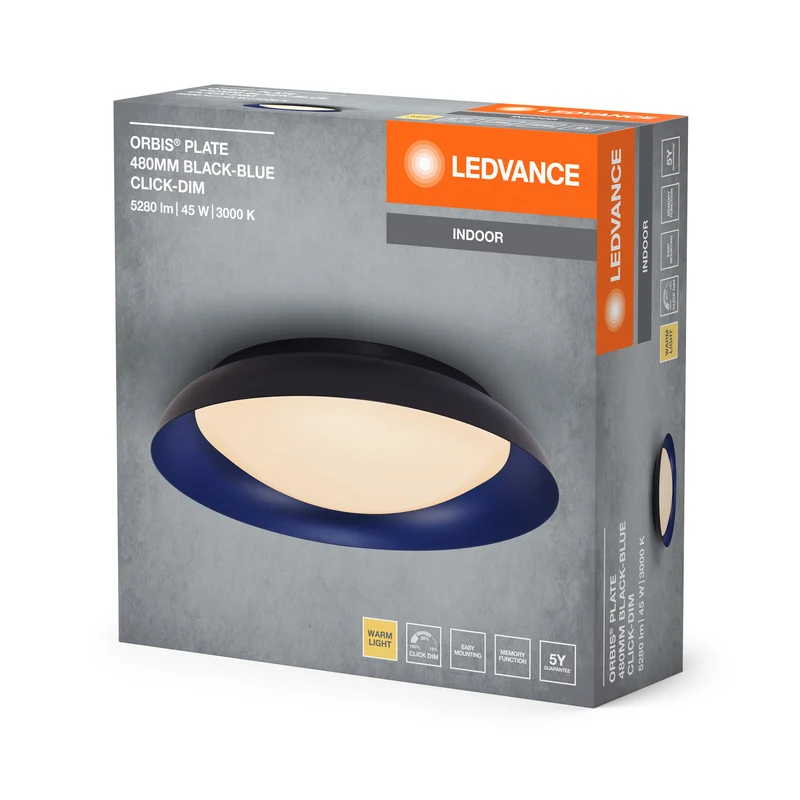 LEDVANCE Orbis Plate LED-Deckenleuchte, schwarz-blau, 45W, 2200lm, 3000K, 480mm, 830 freundliches Warmweiß, durch Kicken in 3-Stufen dimmbar, IP20 Schutz, Montageschrauben und Dübel inklusive