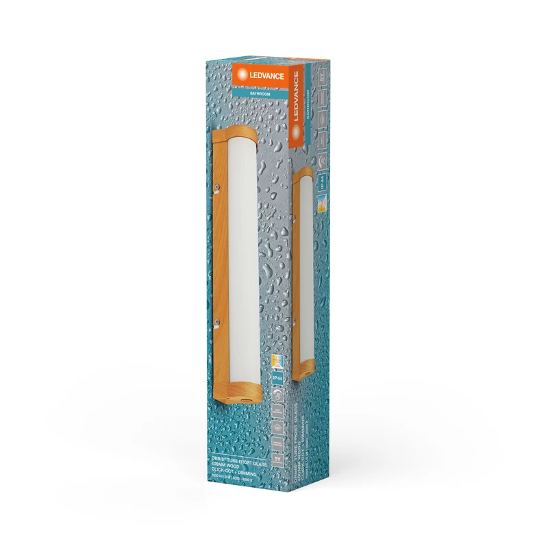 LEDVANCE ORBIS Tube Spiegel-/Wandleuchte mit LED, gefrostetes Glas/Holzdekor, 9W, 900lm, dimmbar, 3000/4000K über Wandschalter einstellbar, 40cm Durchmesser, IP44 Schutz vor Fremdkörpern/Spritzwasser