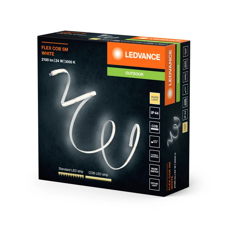 LEDVANCE FLEX COB OUTDOOR 5M LED-Streifen, weiß, 22W, 800lm, warmweißes Licht, COB-Technologie, homogene Lichtverteilung, lange Lebensdauer, einfache Montage, SchutzkIasse IP44, 3000K