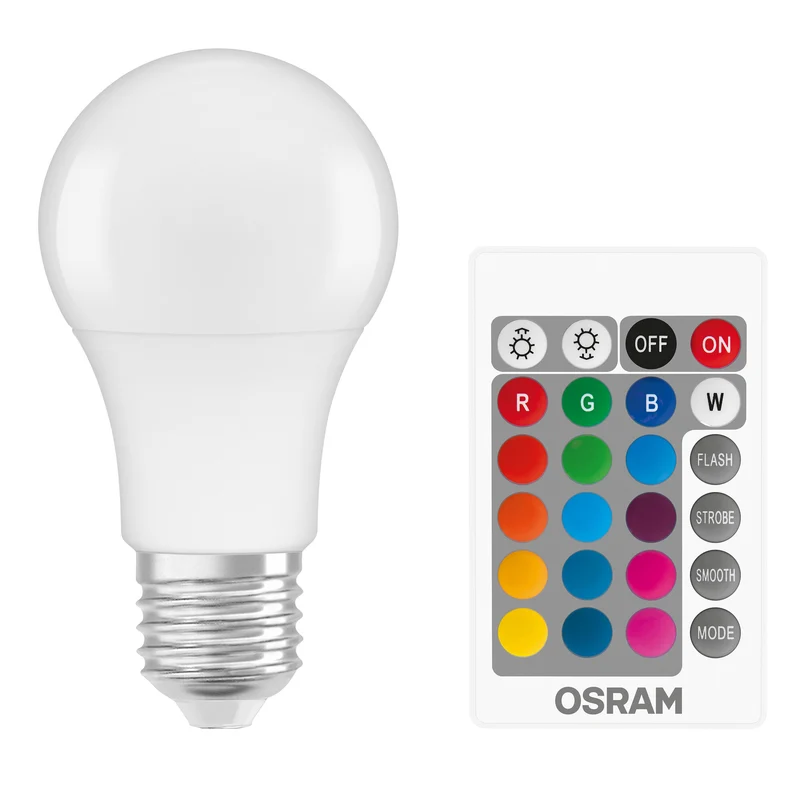 OSRAM LED Retrofit RGBW lamps with remote control in A-Form, LED-Lampe, Matt, 9,7 W, (ex 60 W), 806 lm, Warmweiß, 2700 K, Dimmbar, 25000 h, CRI 80, Fernbedienung