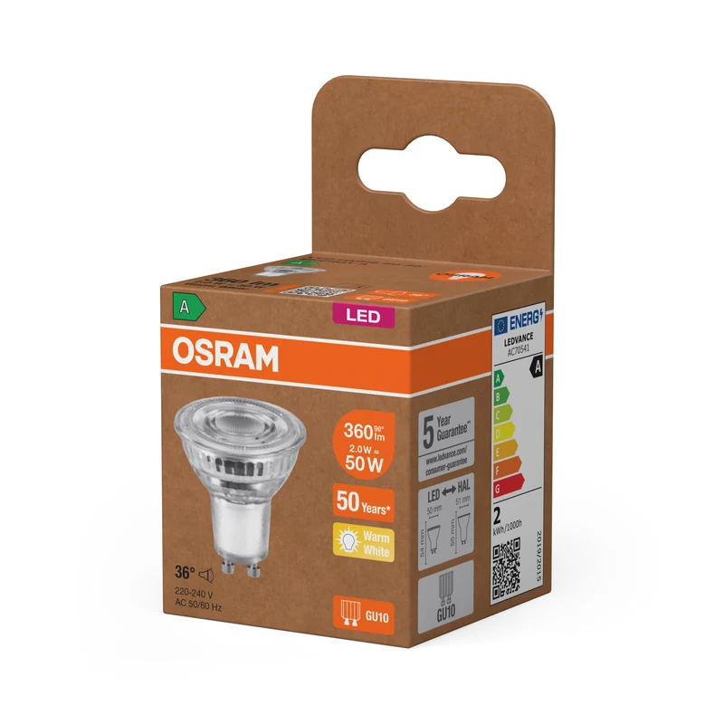 OSRAM LED LAMPS ENERGY EFFICIENCY REFLECTOR in PAR16-Form, LED-Spot, Bleifreies Glas, 2 W, (ex 50 W), 360 lm, Warmweiß, 2700 K, Energieeffizienzklasse: A, 50000 h, CRI 80