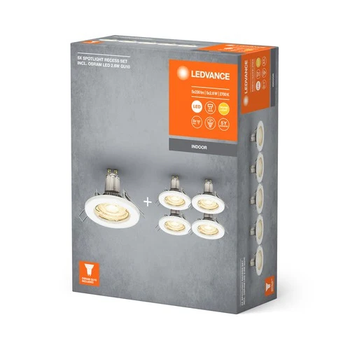 LEDVANCE Spot Einbauleuchten im 5er-Pack, Ø 80mm, inkl. 5x GU10-OSRAM Leuchtmittel (5x 2.6W), weiß, metallisches Gehäuse, IP20-Schutz