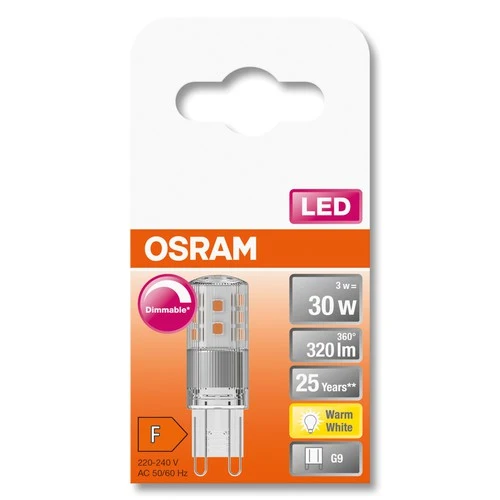 OSRAM LED Stiftsockellampe PIN dimmbar klar (ex 30W) 3W / 2700K Warmweiß PIN G9