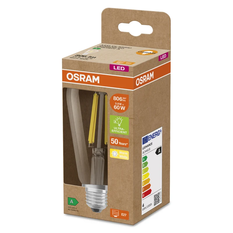 OSRAM LED LAMPS ENERGY CLASS A ENERGY EFFICIENCY FILAMENT CLASSIC EDISON , LED-Lampe, Bleifreies Glas, Klar, 4 W, (ex 60 W), 840 lm, Warmweiß, Energieeffizienzklasse: A