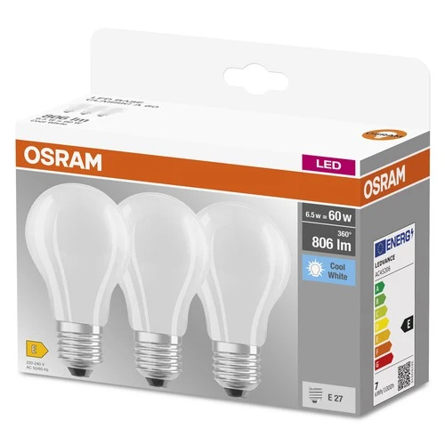 OSRAM LED Base Classic A Lampe matt (ex 60W) 6,5W / 4000K Kaltweiß E27, 3er Pack