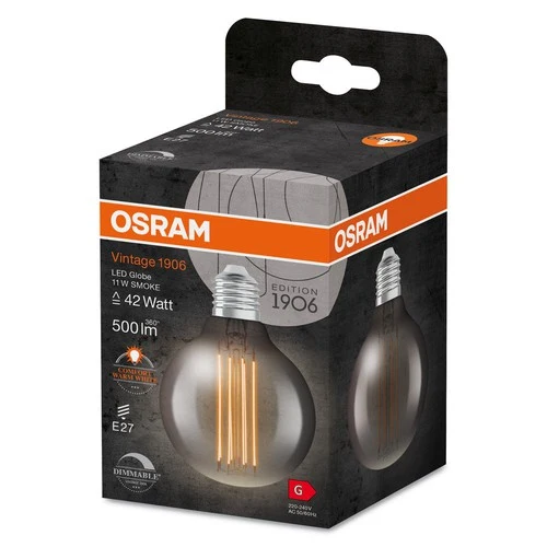 OSRAM Dimmbare LED-Lampen, Vintage-Edition, 42 Watts Ersatz, E27, G80, 1800 Kelvin, Warm Comfort Light, Klares Glas, single Pack