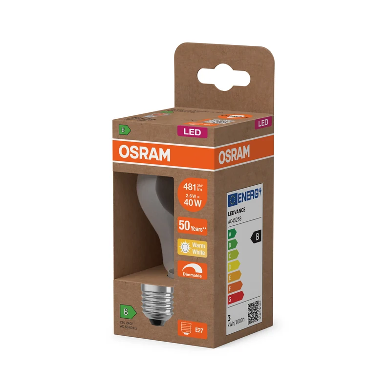 OSRAM LED CLASSIC A ENERGY EFFICIENCY B DIM in A-Form, LED-Lampe, Bleifreies Glas, Klar, 2,6 W, (ex 40 W), 481 lm, Warmweiß, 2700 K, Dimmbar, 50000 h, CRI 80