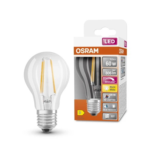 OSRAM Dimmbare LED-Lampe LED SUPERSTAR+ CL A FIL 60 dim 5,8W/927 E27 CRI90 BOX, E27 , Warmweiß