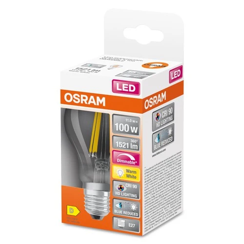OSRAM Dimmbare LED-Lampe LED SUPERSTAR+ CL A FIL 100 dim 11W/927 E27 CRI90 BOX, E27 , Warmweiß