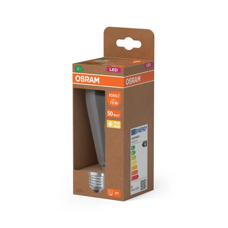 OSRAM LED LAMPS ENERGY CLASS A ENERGY EFFICIENCY FILAMENT CLASSIC EDISON , LED-Lampe, Bleifreies Glas, Klar, 5 W, (ex 75 W), 1055 lm, Warmweiß, Energieeffizienzklasse: A