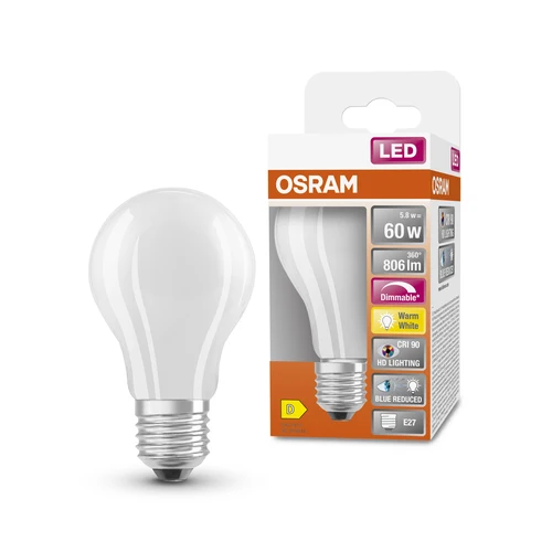 OSRAM Dimmbare LED-Lampe LED SUPERSTAR+ CL A GL FR 60 dim 5,8W/927 E27 CRI90 BOX, E27 , Warmweiß