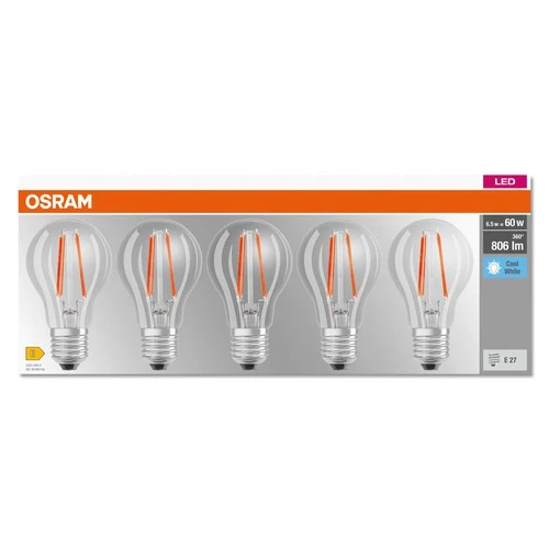 OSRAM LED BASE CLASSIC A Lampe klar (ex 60W) 6,5W / 4000K Kaltweiß E27 5er