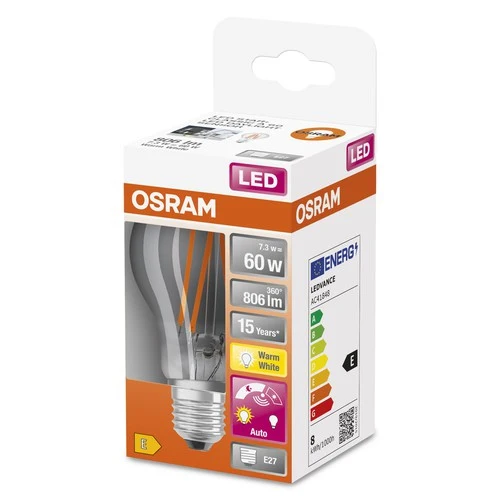 OSRAM Star+ LED-Lampe mit Tageslichtsensor für E27-Sockel, Filament-Optik ,Warmweiß (2700K), 806 Lumen, Ersatz für herkömmliche 60W-Leuchtmittel, nicht dimmbar, 1-er Pack, E27