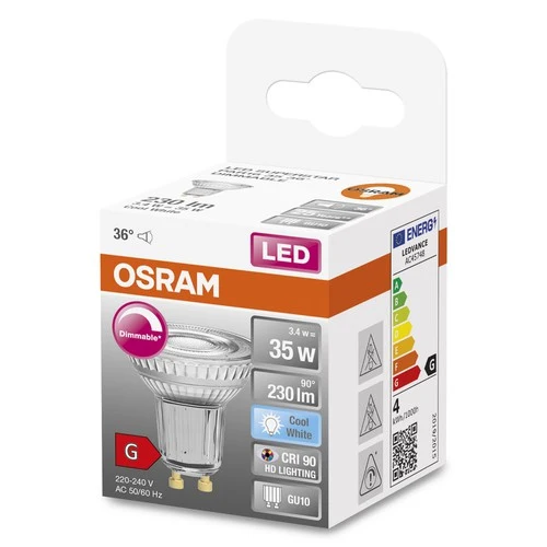 OSRAM Dimmbare PAR16 LED Reflektorlampe mit GU10 Sockel, Kaltweiss (4000K), Glas Spot, 3.7W, Ersatz für 35W-Reflektorlampe, LED SUPERSTAR PAR16