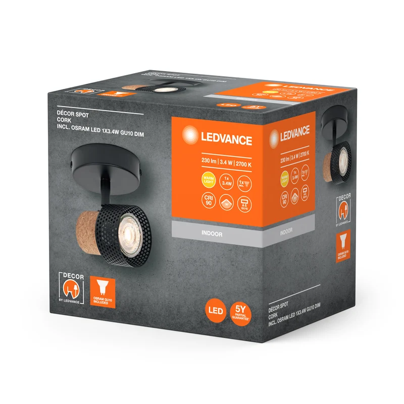 LEDVANCE DECOR SPOT CORK, 1 x 3,4W, 230lm, schwarz, Spotleuchte, verstellbare Köpfe, vielseitig anwendbar, Innenraumspot, austauschbare LED-Lampen, warmweiße Lichtfarbe, GU10